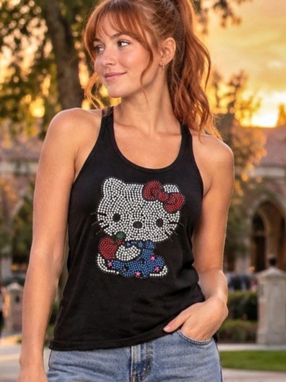 Hello Kitty Rhinestone Face Graphic Tank Top Shirt Black Sparkly Embellish Y2K M